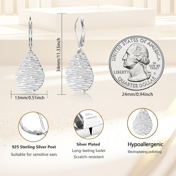 Sterling Silver Teardrop Hammered Leverback  Dangle Earrings for Women - Picture 3 of 6